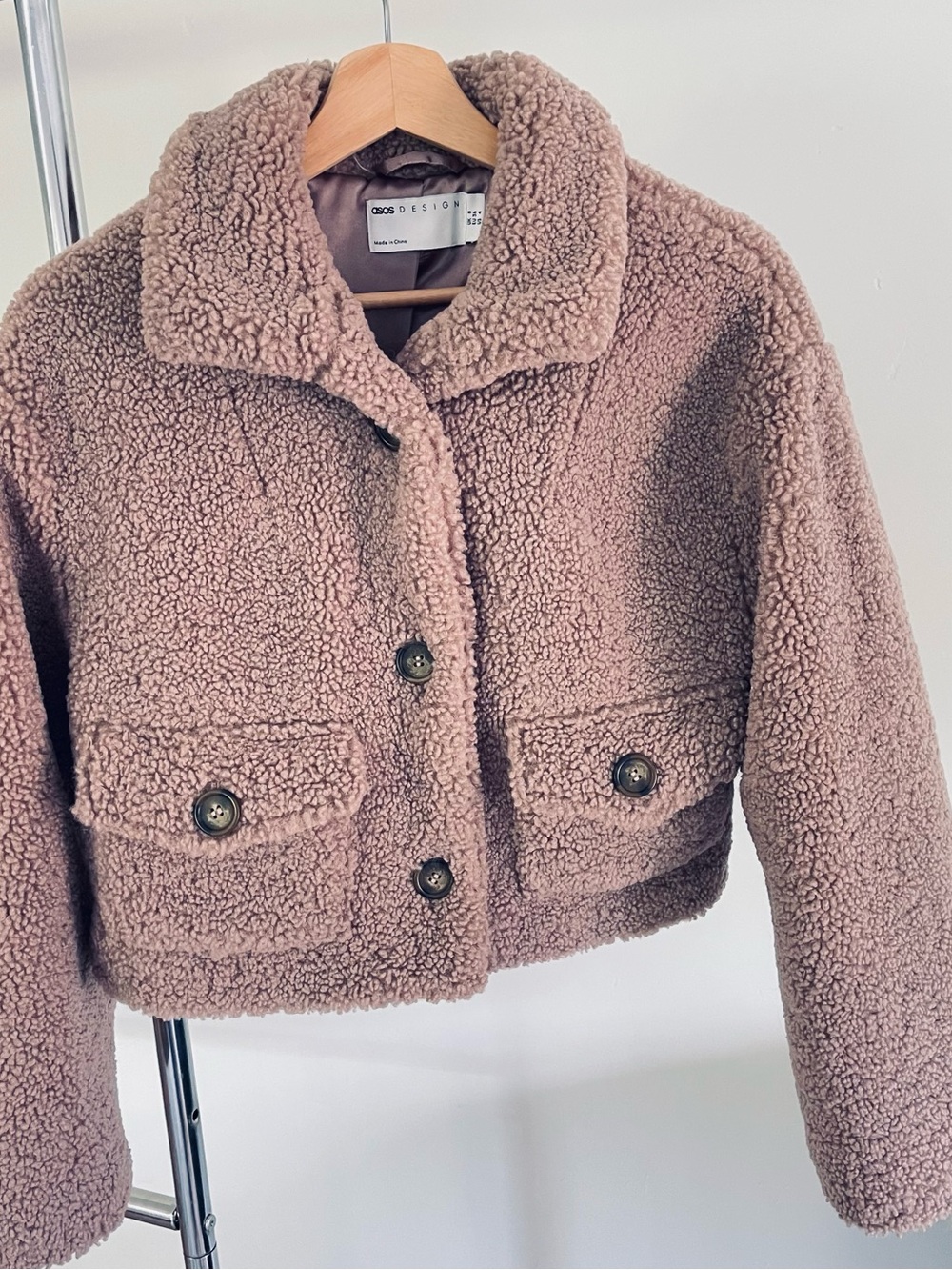 ASOS Design Plush Teddy Cropped Jacket - Mauve